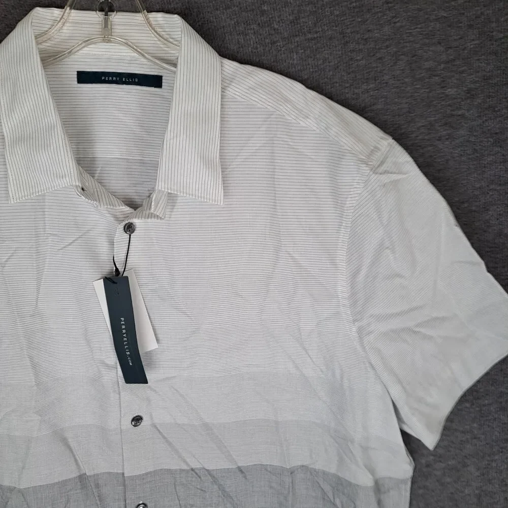Perry Ellis White Gray Striped Oeko-Tex Short Sleeve Shirt‎ Men's XL NWT